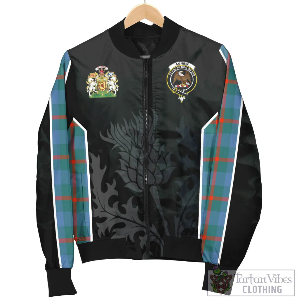Agnew Ancient Tartan Bomber Jacket with Family Crest and Scottish Thistle Vibes Sport Style