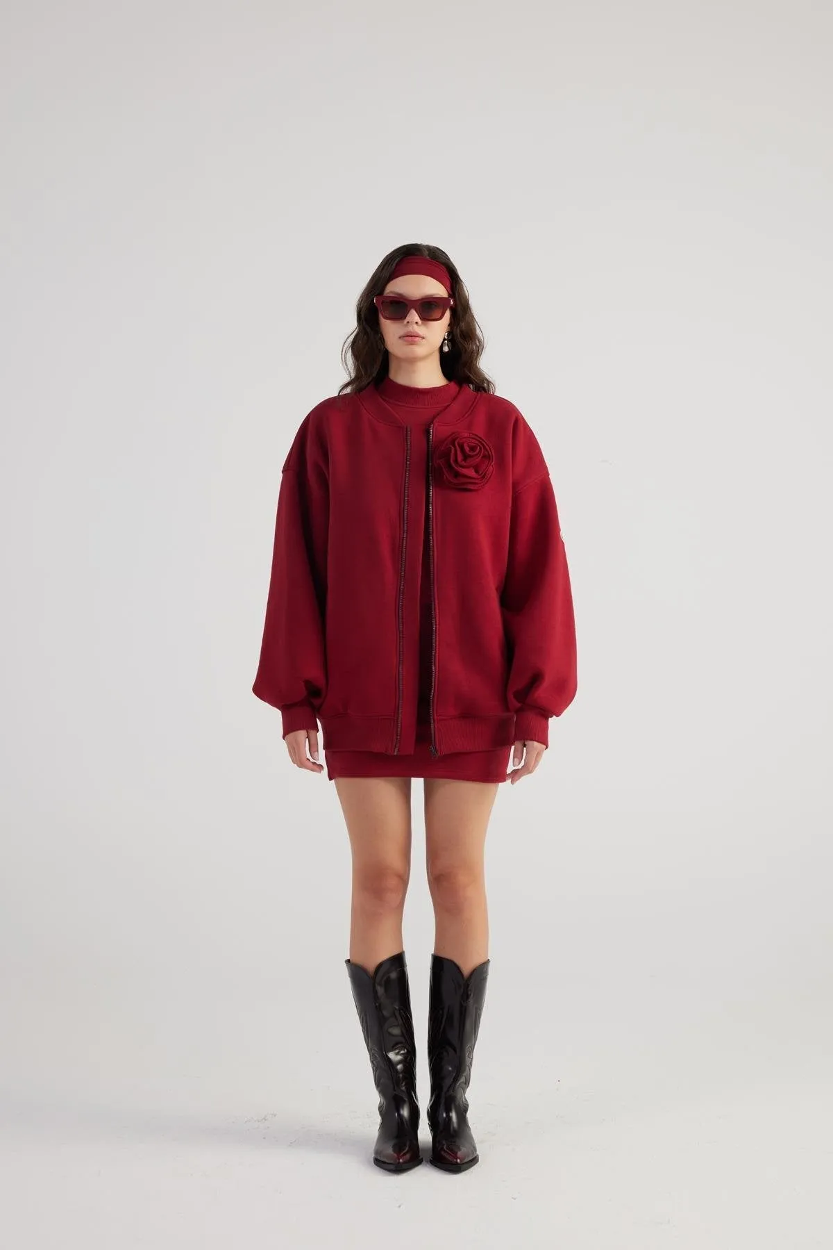 Alexa Burgundy Oversize Bomber Jacket with Removable Rose Accessory