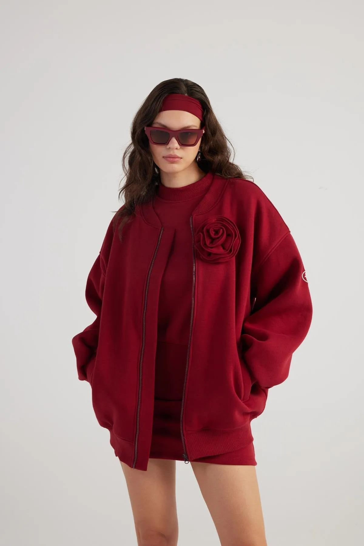 Alexa Burgundy Oversize Bomber Jacket with Removable Rose Accessory