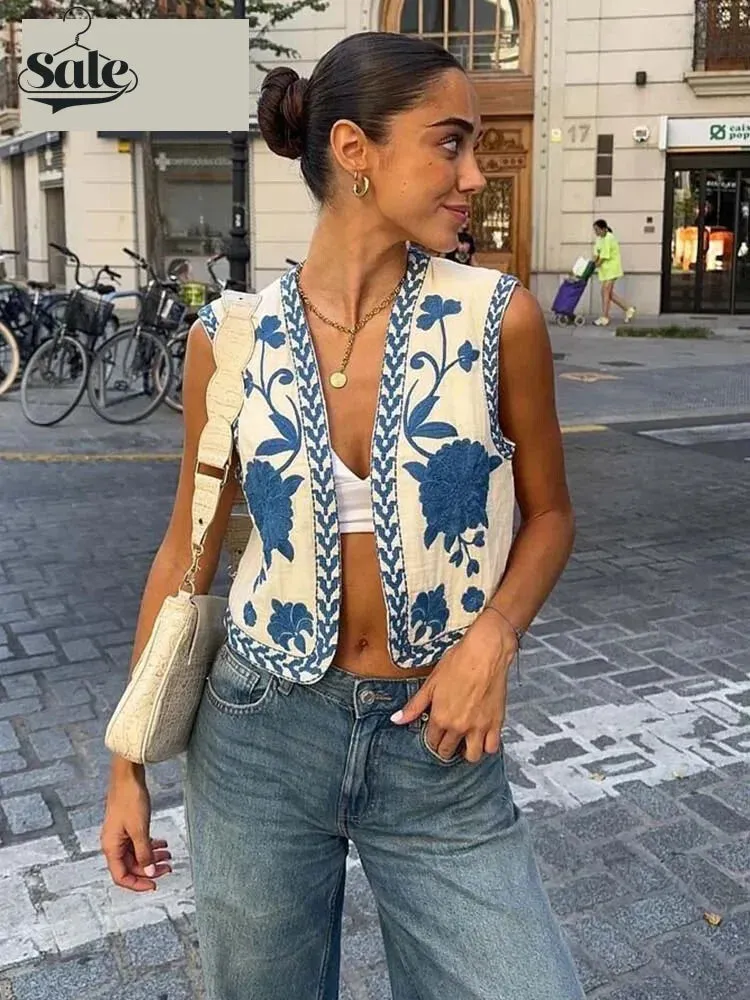 Artisanal Embroidered Cropped Waistcoat - Women Vintage Vest