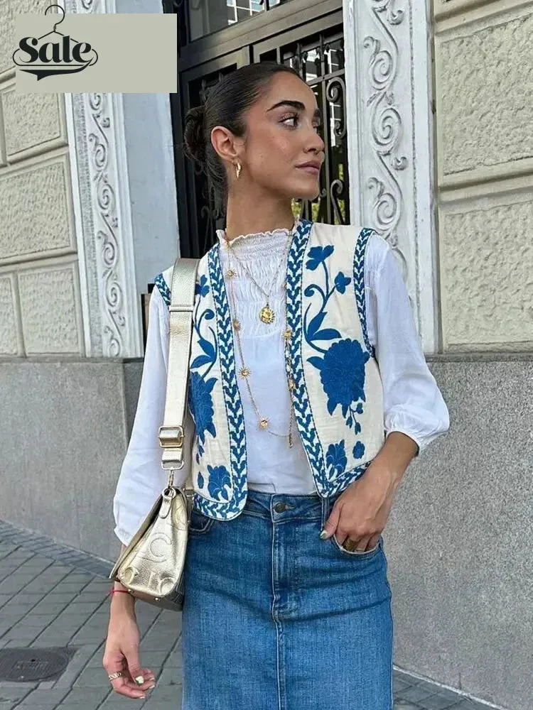 Artisanal Embroidered Cropped Waistcoat - Women Vintage Vest