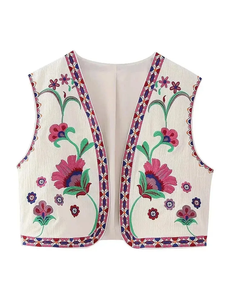 Artisanal Embroidered Cropped Waistcoat - Women Vintage Vest