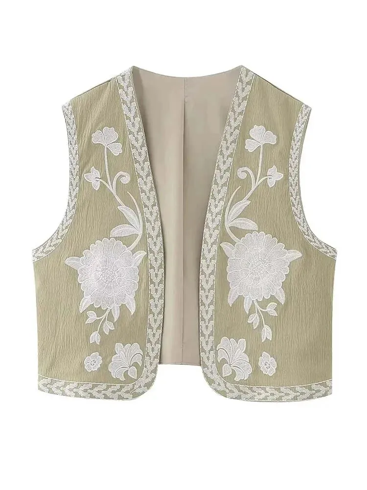 Artisanal Embroidered Cropped Waistcoat - Women Vintage Vest