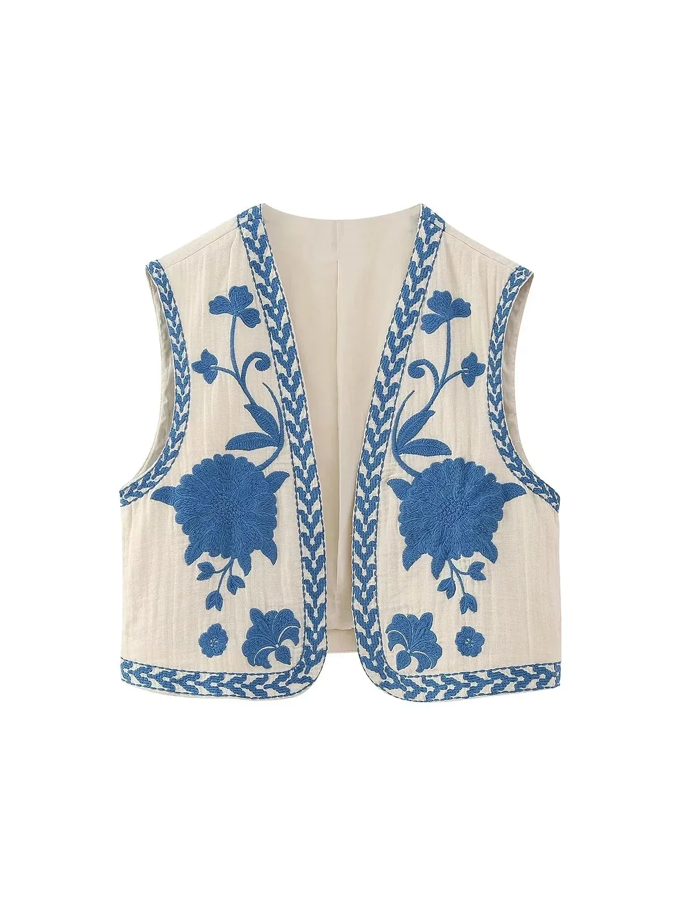 Artisanal Embroidered Cropped Waistcoat - Women Vintage Vest