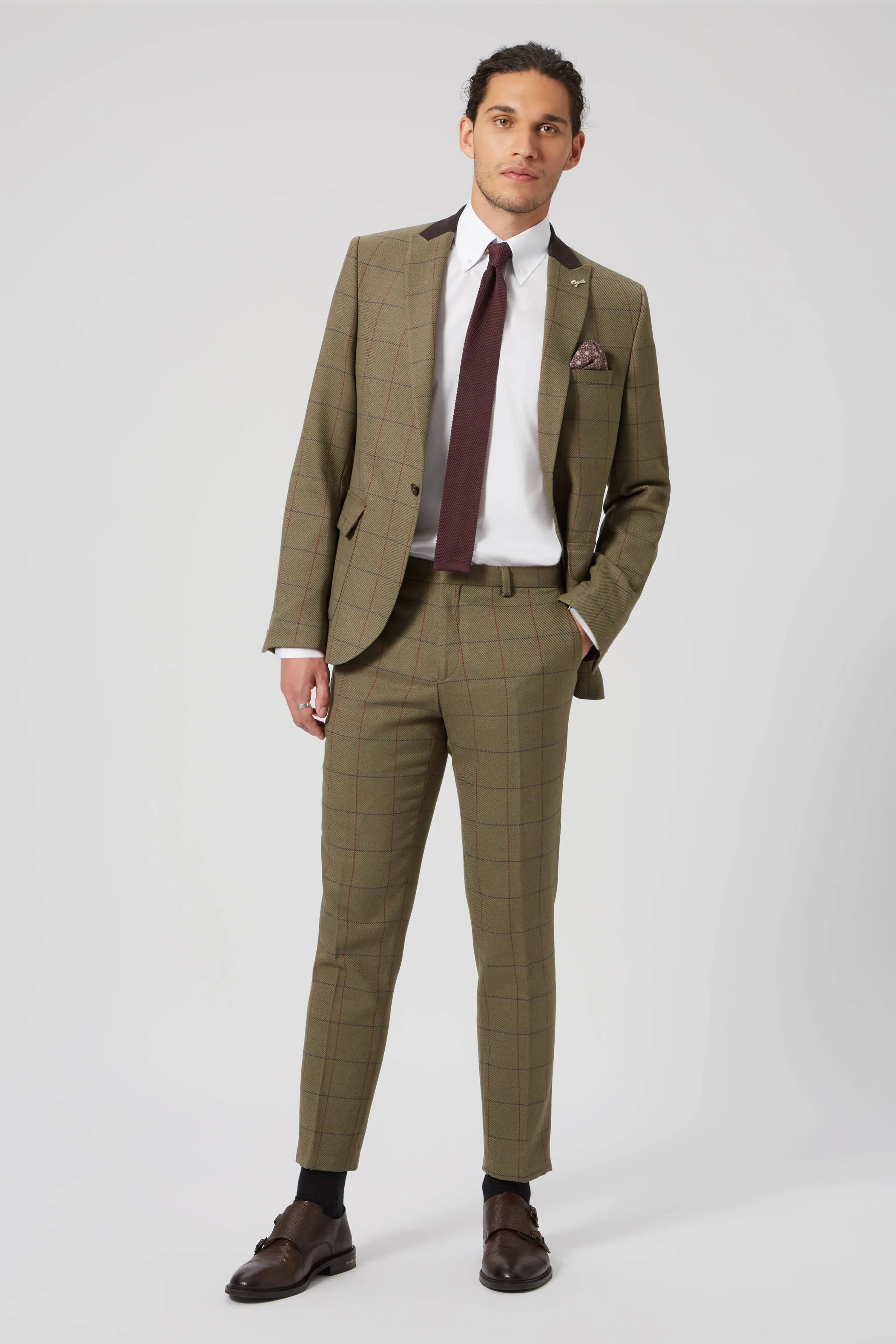 Beadon Slim Fit Khaki Check Tweed Trousers - ARCHIVE