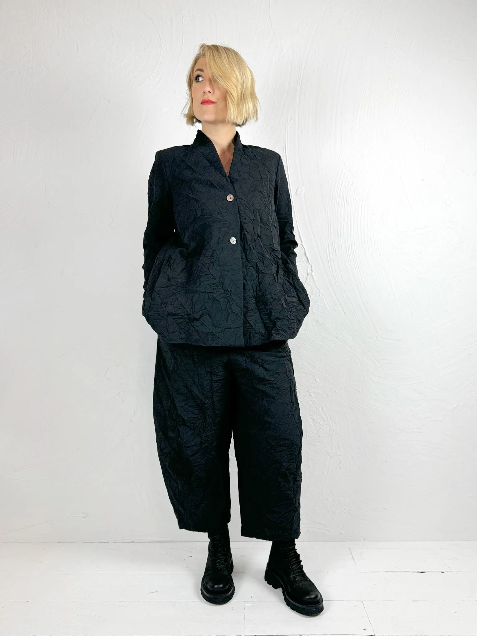 Black Crinkle Cotton Trousers