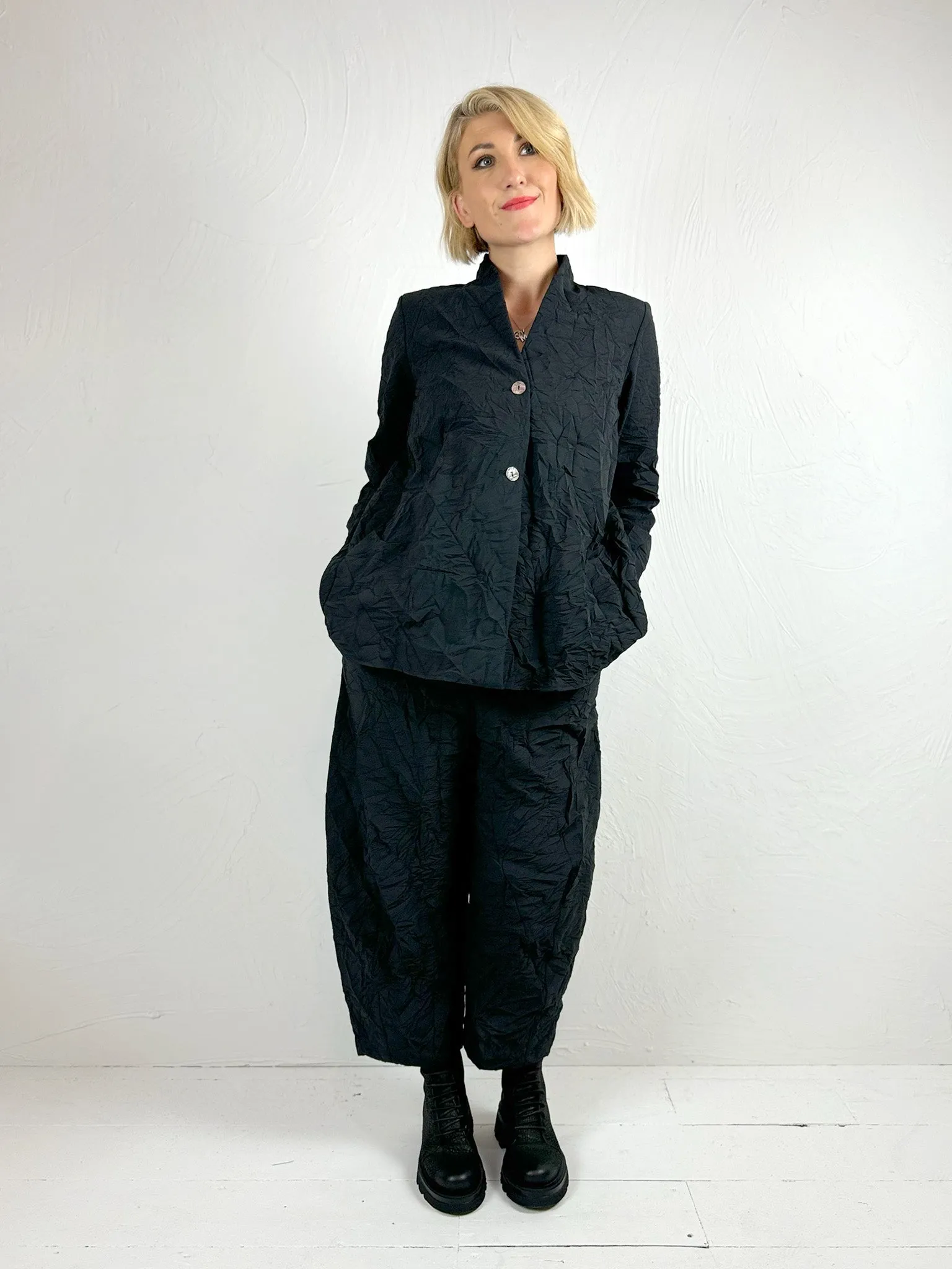 Black Crinkle Cotton Trousers