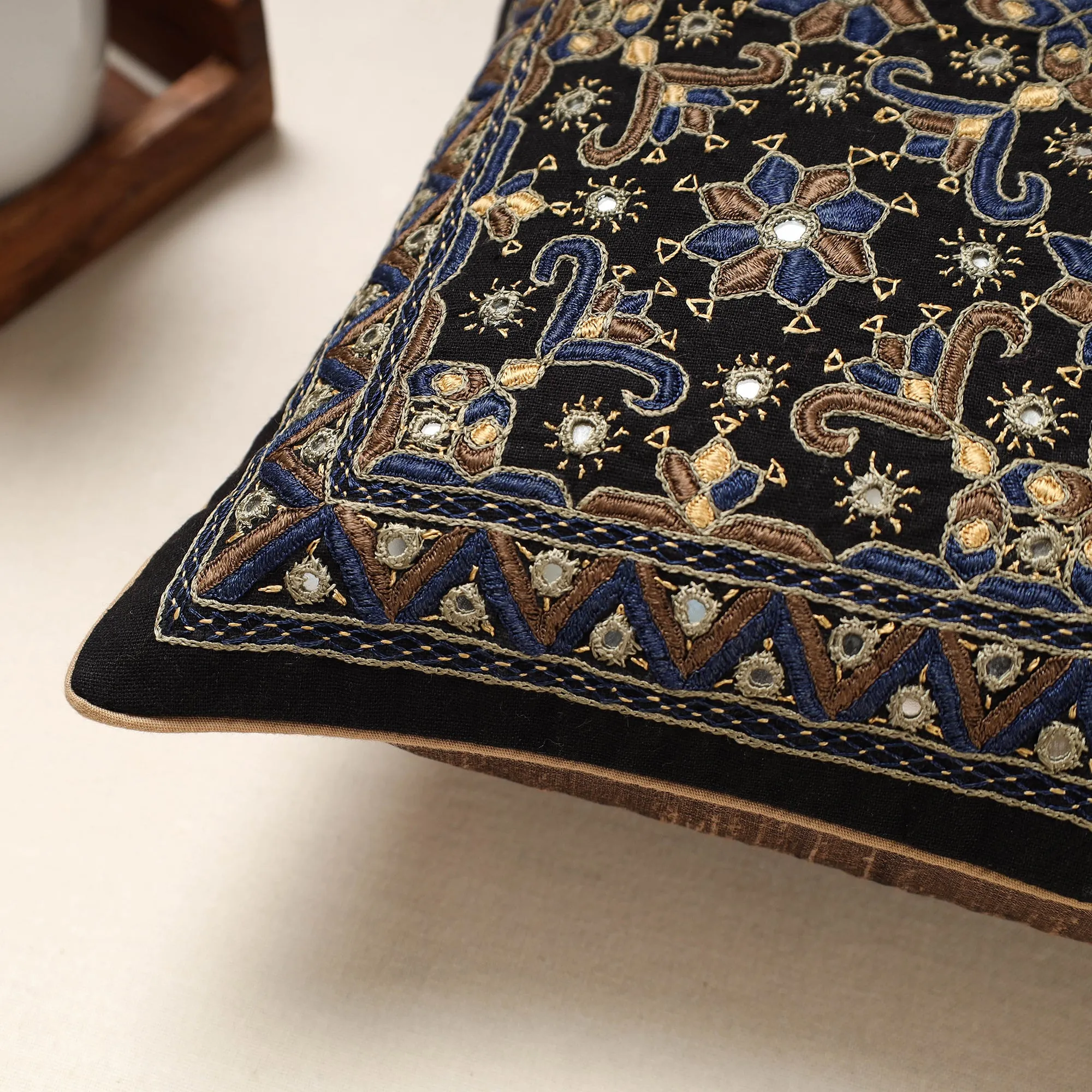 Black - Kutch Neran Hand Embroidery Cotton Cushion Cover (12 x 12 in)
