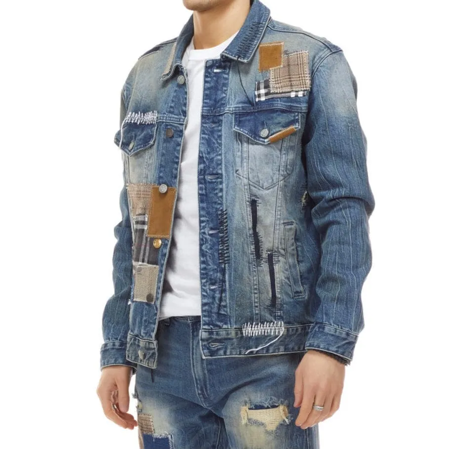 Bleu Noir Plaid Patchwork Denim Jacket (Tinsel Blue) - BNJ0940
