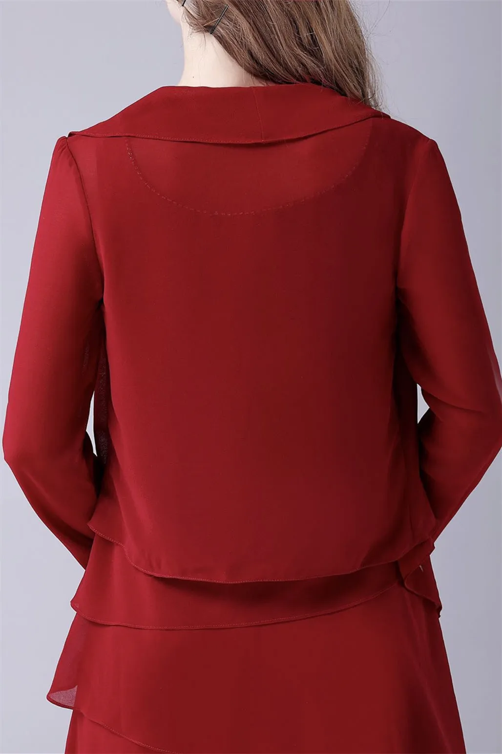 Burgundy Ruffles Chiffon Mother of the Bride Dresses With Jacket