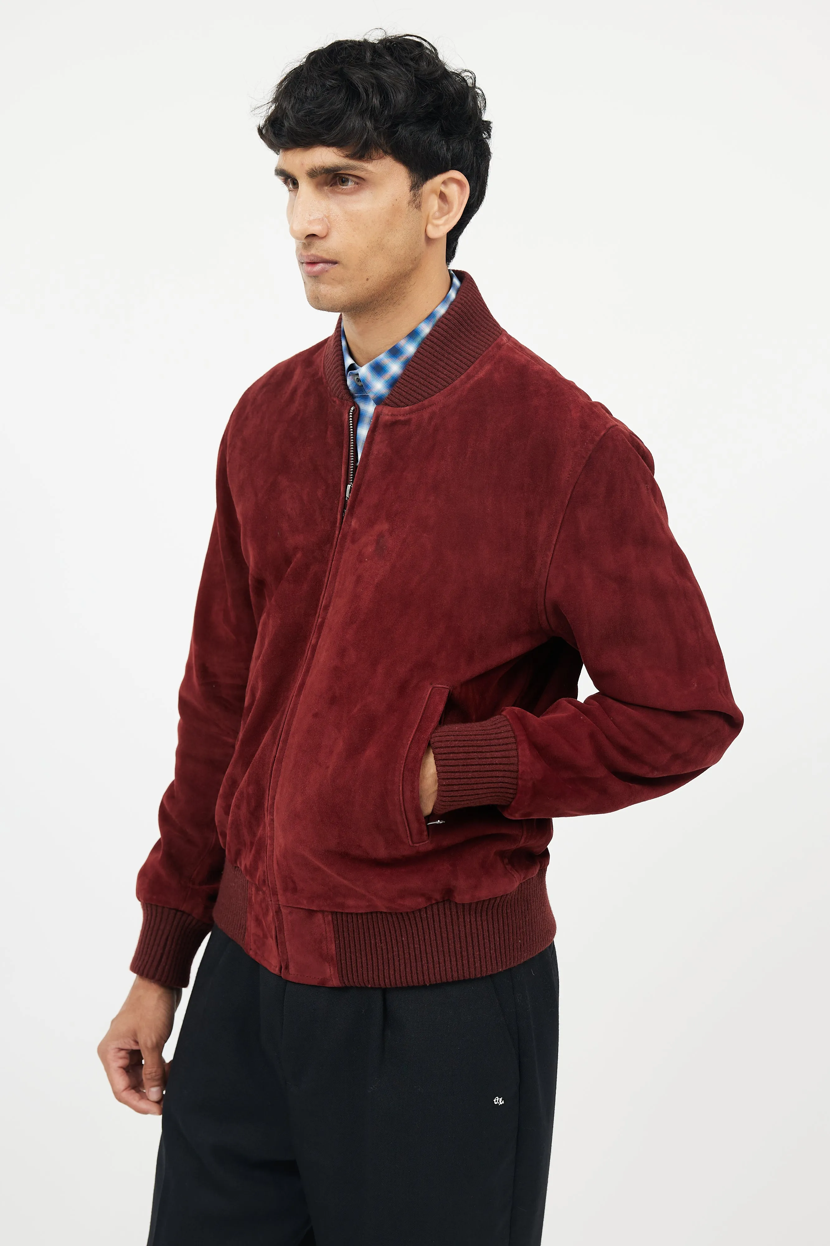 Burgundy Suede Bomber Jacket