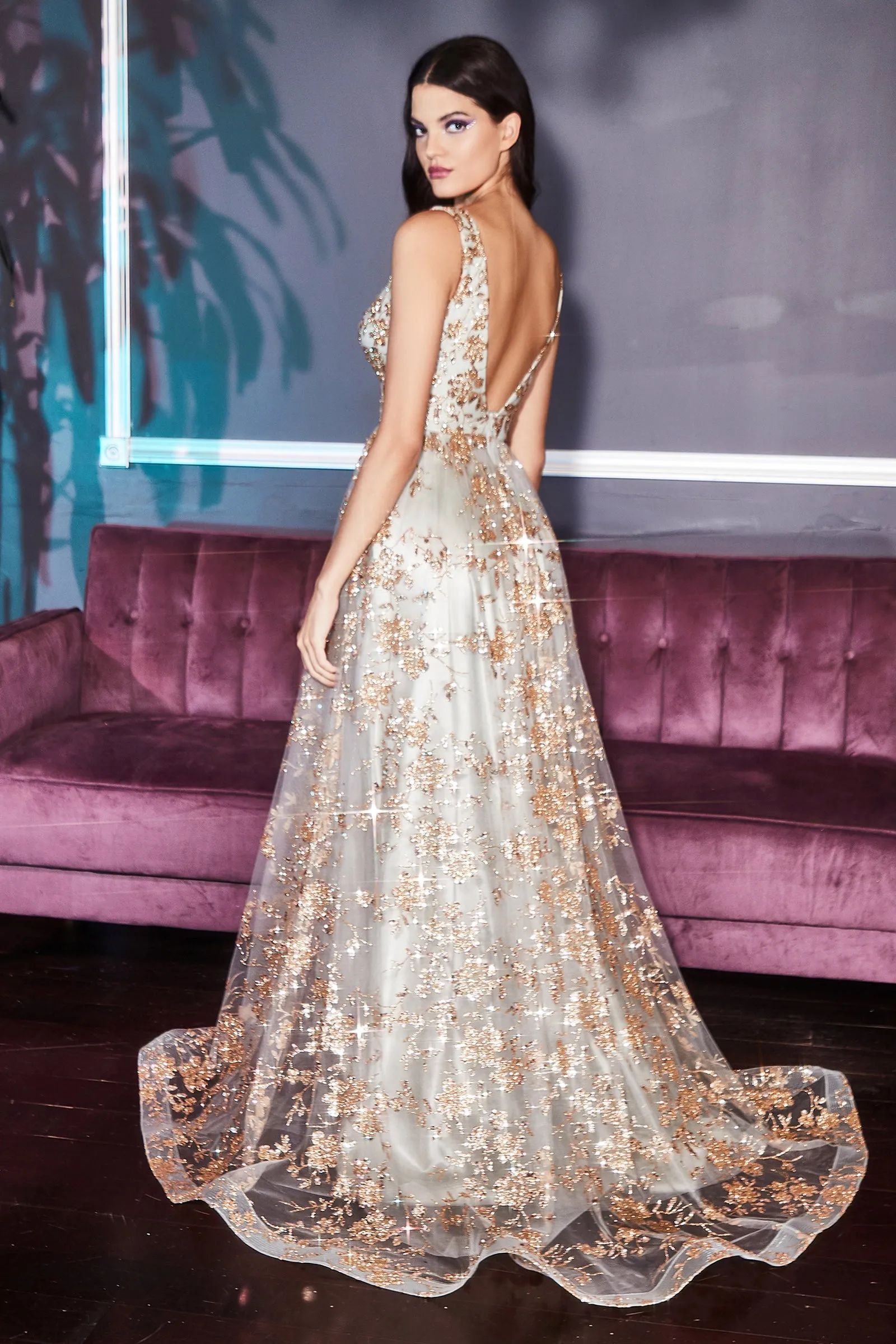 CINDERELLA DIVINE CB068 Metallic Lace Glitter Print A-Line Gown