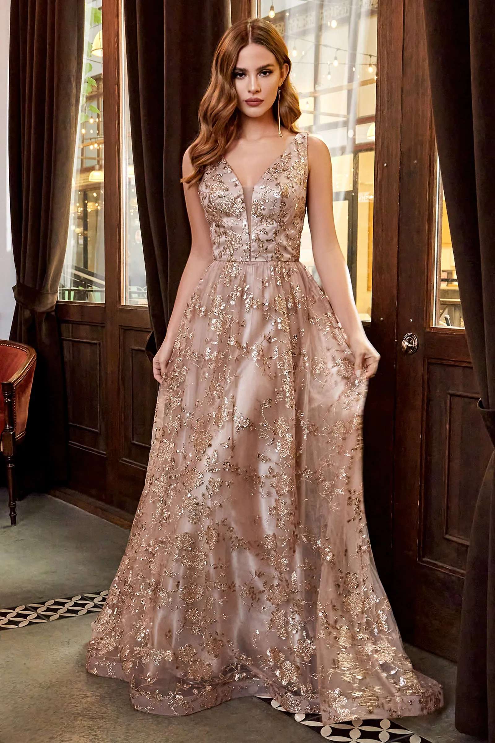 CINDERELLA DIVINE CB068 Metallic Lace Glitter Print A-Line Gown