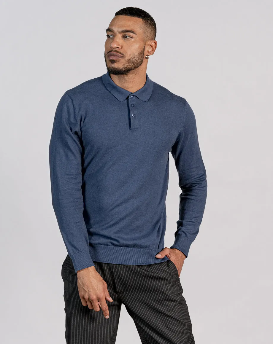 ESSENTIAL LONG SLEEVE KNITTED POLO TOP - ROYAL BLUE