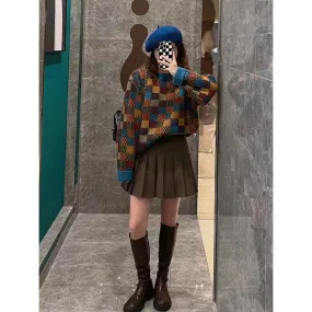 Joskaa frat boy outfits Early Autumn French Style Retro Fried Street Small Lazy Sweater Two-Piece Suit Women's Autumn and Winter Western Style Pleated Short Skirt