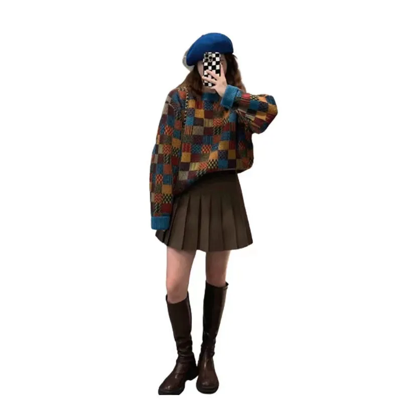 Joskaa frat boy outfits Early Autumn French Style Retro Fried Street Small Lazy Sweater Two-Piece Suit Women's Autumn and Winter Western Style Pleated Short Skirt