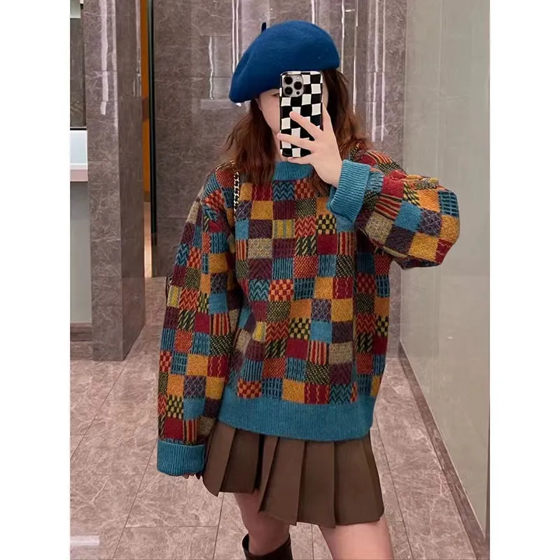 Joskaa frat boy outfits Early Autumn French Style Retro Fried Street Small Lazy Sweater Two-Piece Suit Women's Autumn and Winter Western Style Pleated Short Skirt