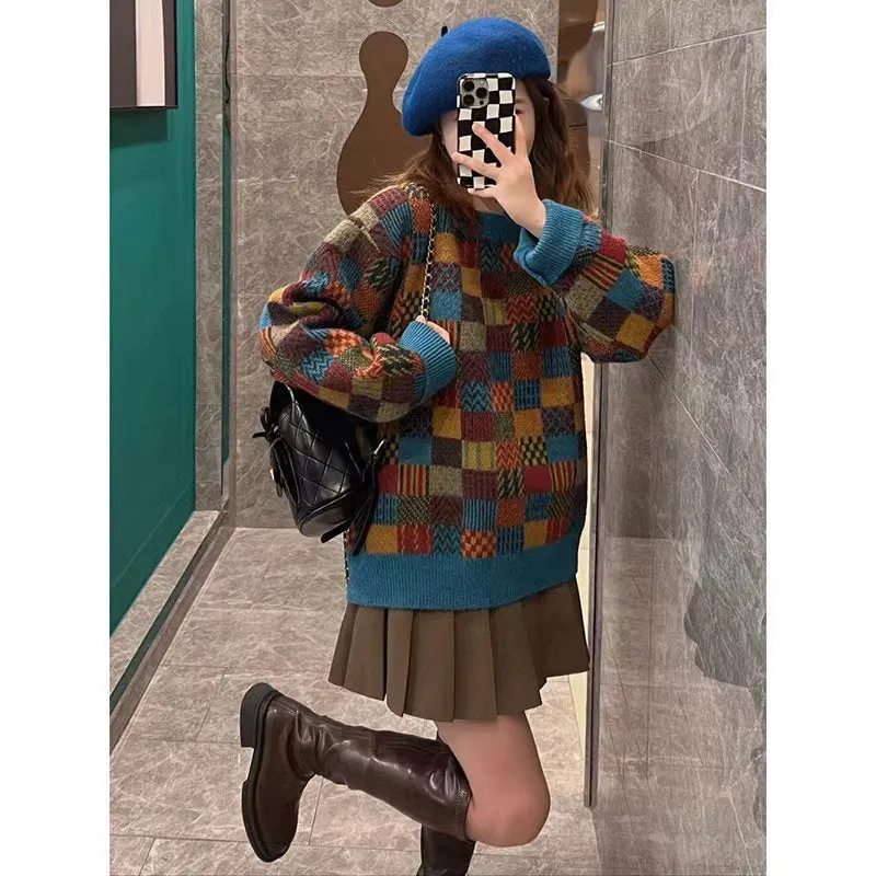 Joskaa frat boy outfits Early Autumn French Style Retro Fried Street Small Lazy Sweater Two-Piece Suit Women's Autumn and Winter Western Style Pleated Short Skirt