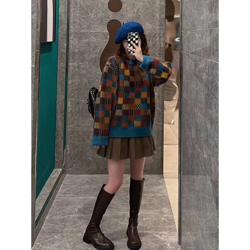 Joskaa frat boy outfits Early Autumn French Style Retro Fried Street Small Lazy Sweater Two-Piece Suit Women's Autumn and Winter Western Style Pleated Short Skirt