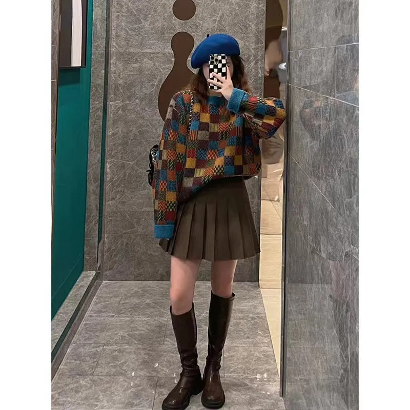 Joskaa frat boy outfits Early Autumn French Style Retro Fried Street Small Lazy Sweater Two-Piece Suit Women's Autumn and Winter Western Style Pleated Short Skirt