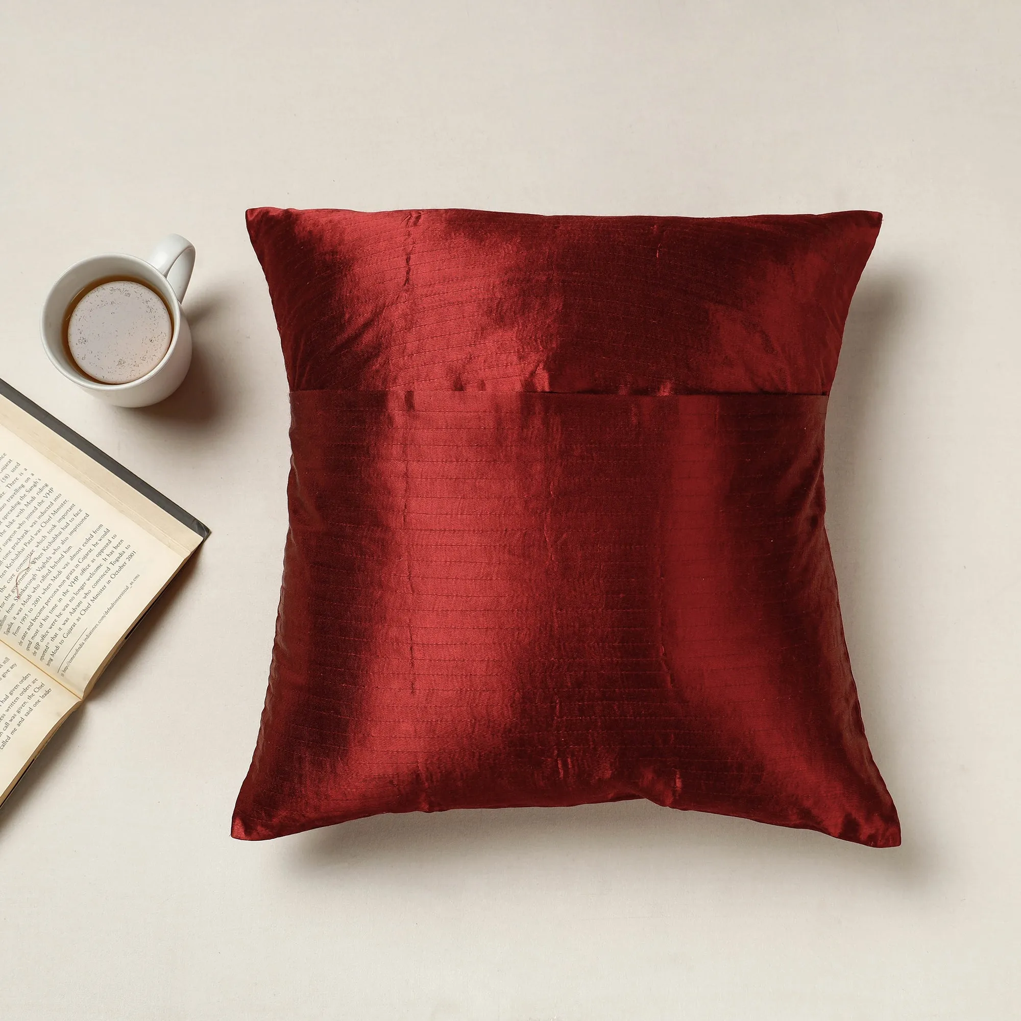 Maroon - Kutch Neran Hand Embroidered Mashru Silk Cushion Cover (16 x 16 in)