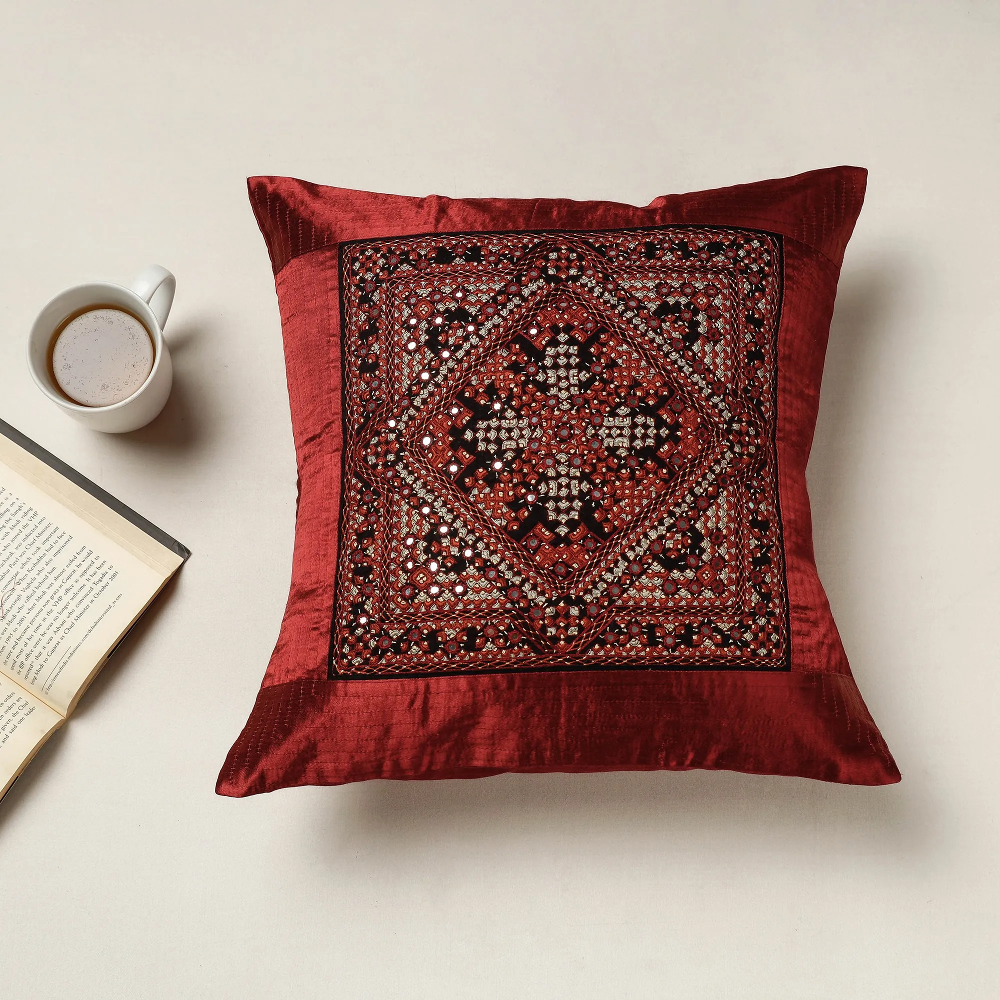Maroon - Kutch Neran Hand Embroidered Mashru Silk Cushion Cover (16 x 16 in)
