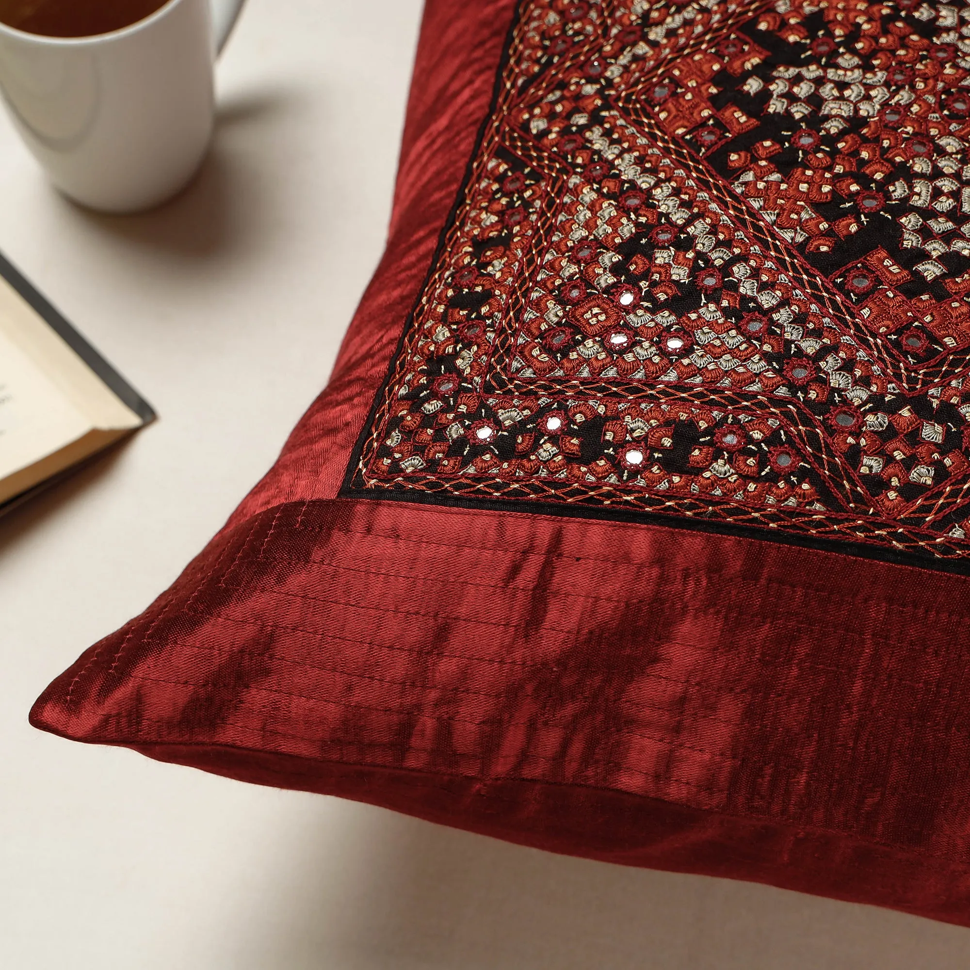 Maroon - Kutch Neran Hand Embroidered Mashru Silk Cushion Cover (16 x 16 in)