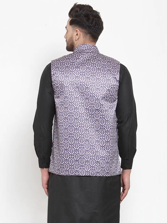 Men Purple Printed Satin Nehru Jacket