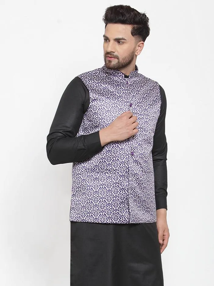Men Purple Printed Satin Nehru Jacket