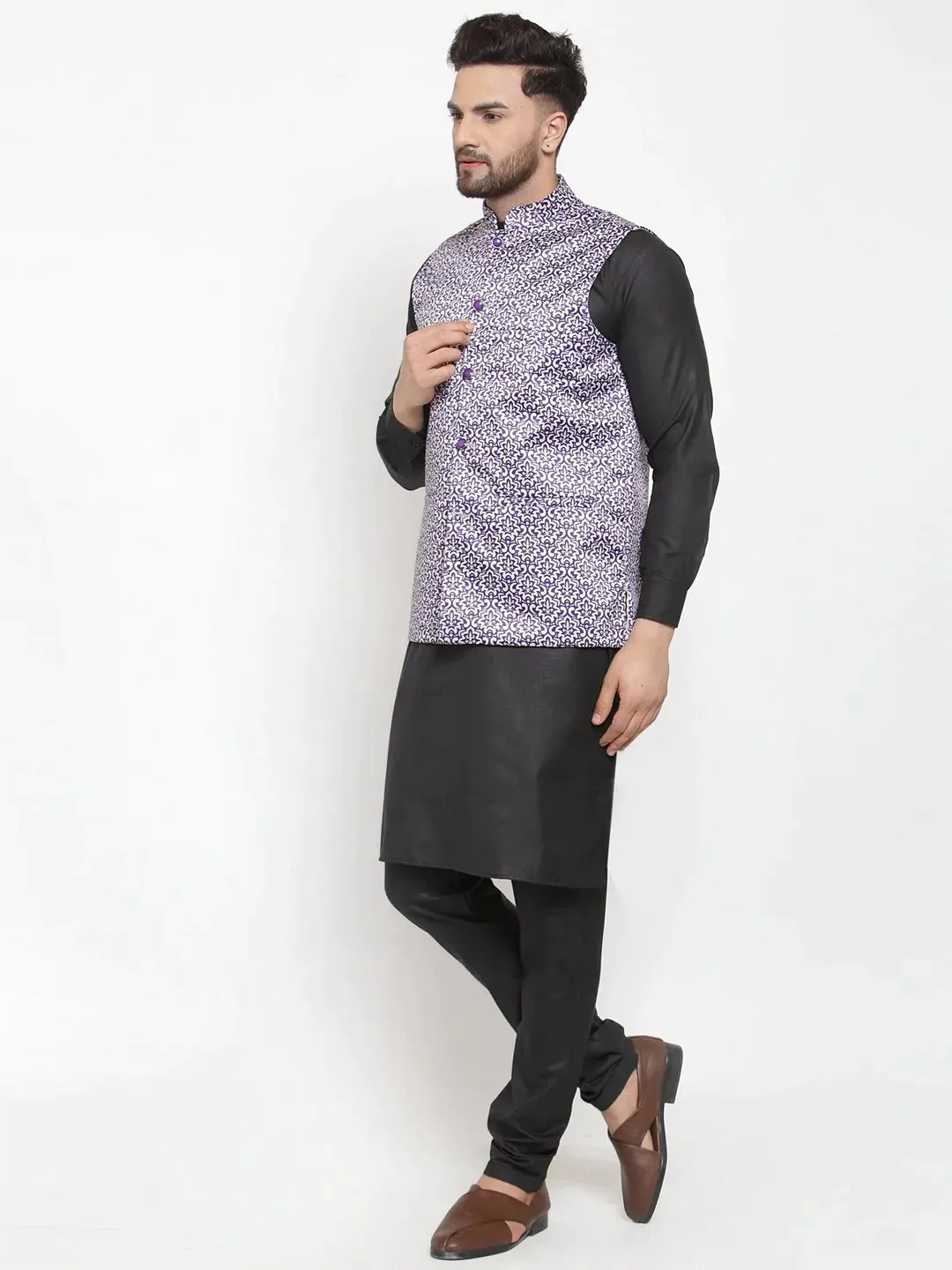 Men Purple Printed Satin Nehru Jacket