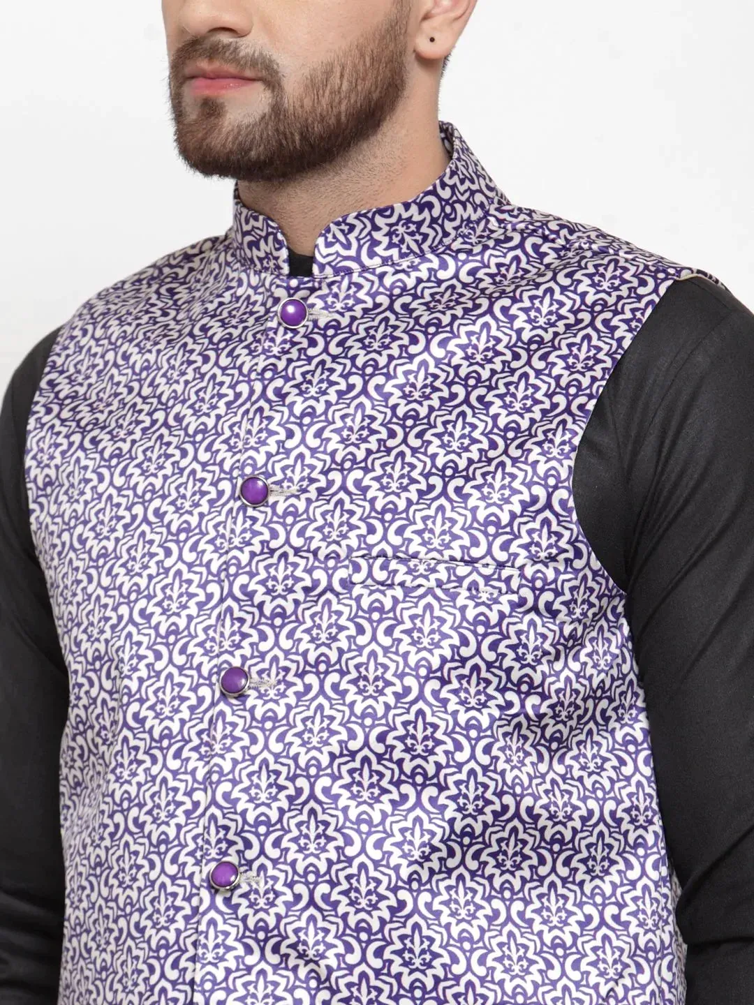 Men Purple Printed Satin Nehru Jacket