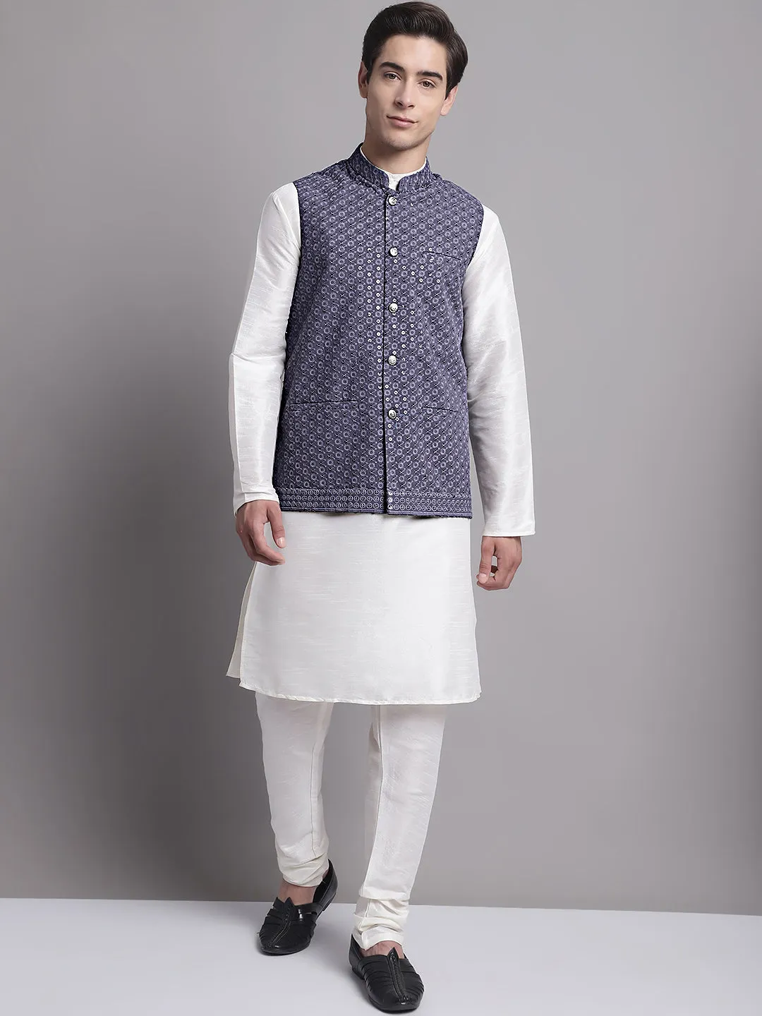 Men'S Grey Sequins And Embroidered Nehru Jacket