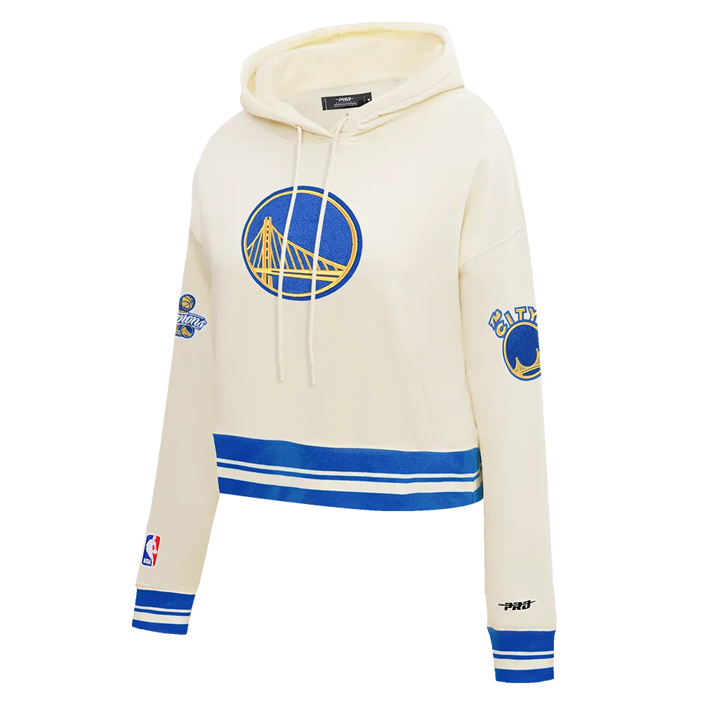 NBA GOLDEN STATE WARRIORS RETRO CLASSIC WOMEN'S CROPPED PO HOODIE (EGGSHELL/ ROYAL BLUE)