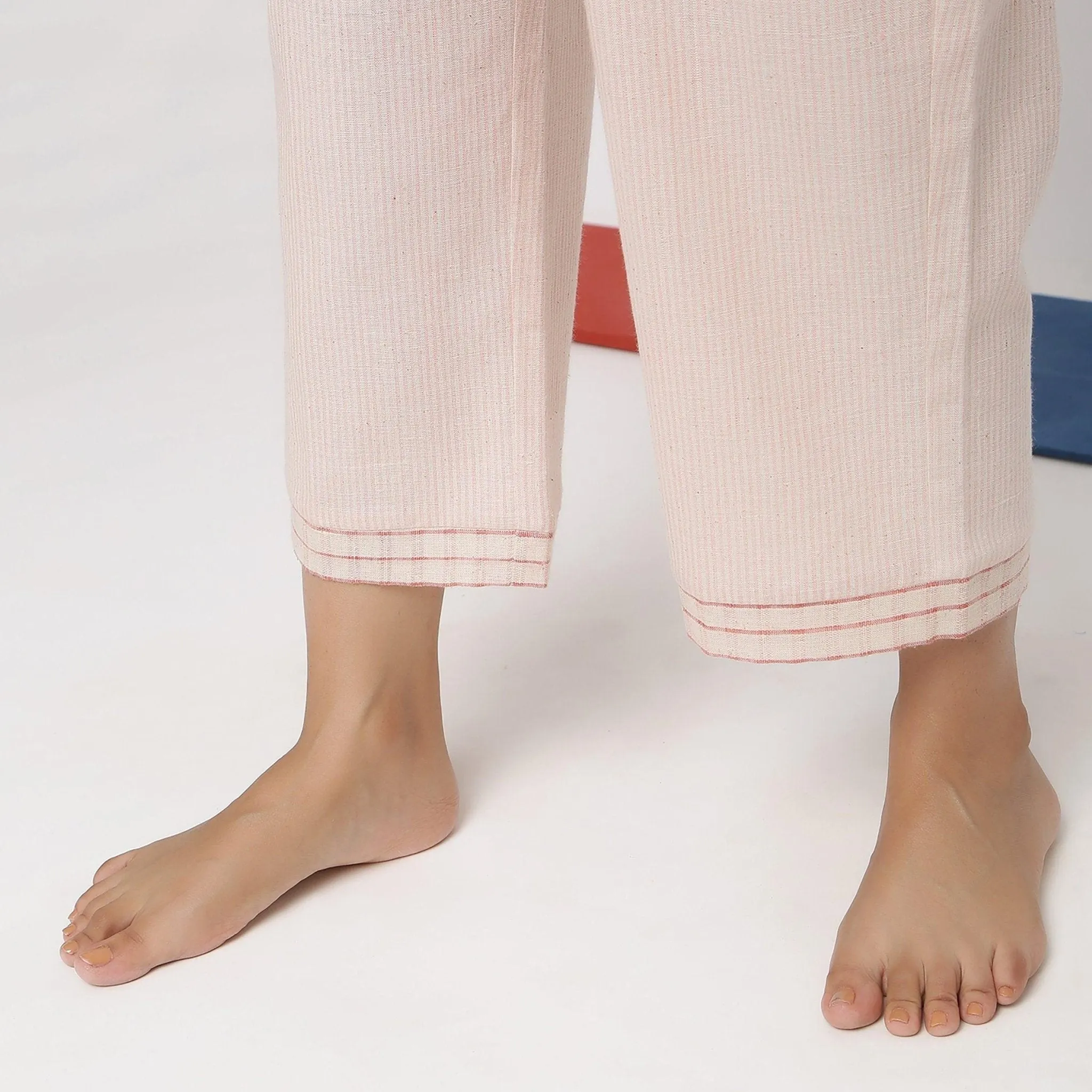 Off-White and Pink Striped Cotton Wide Legged Culottes
