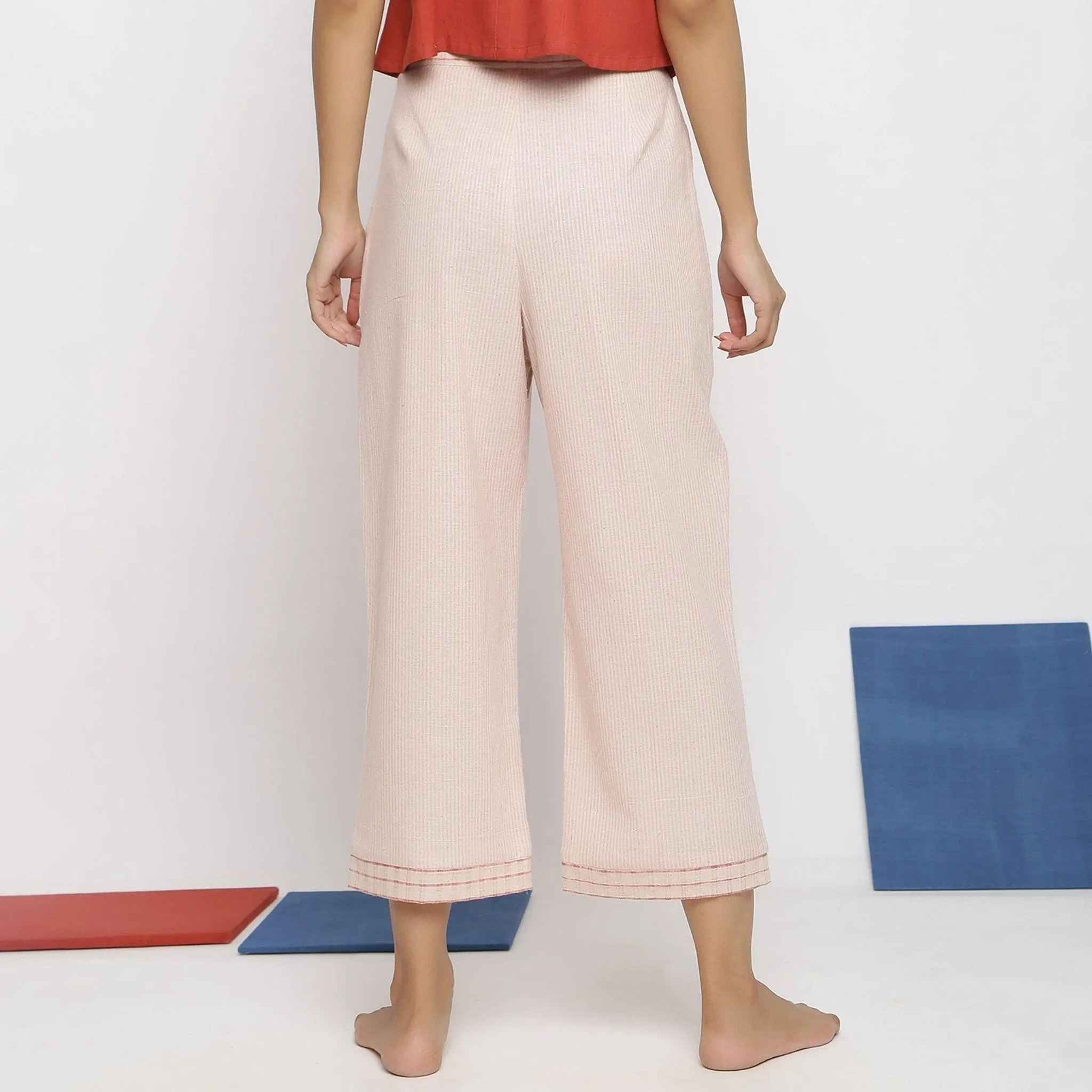 Off-White and Pink Striped Cotton Wide Legged Culottes