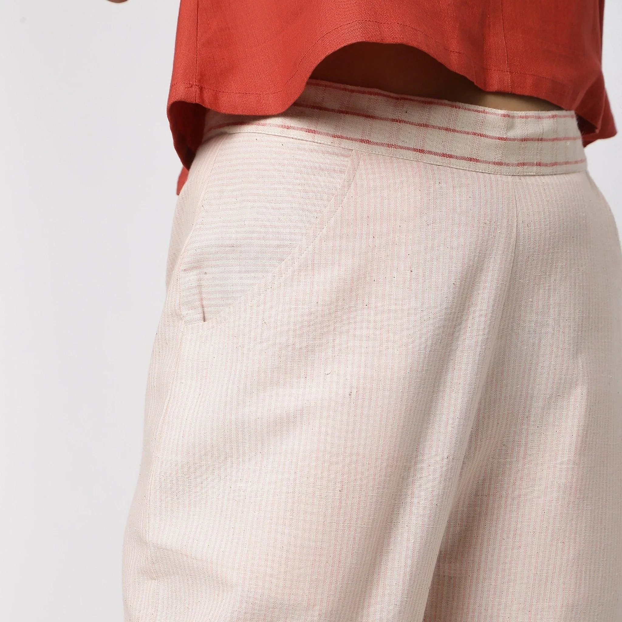 Off-White and Pink Striped Cotton Wide Legged Culottes