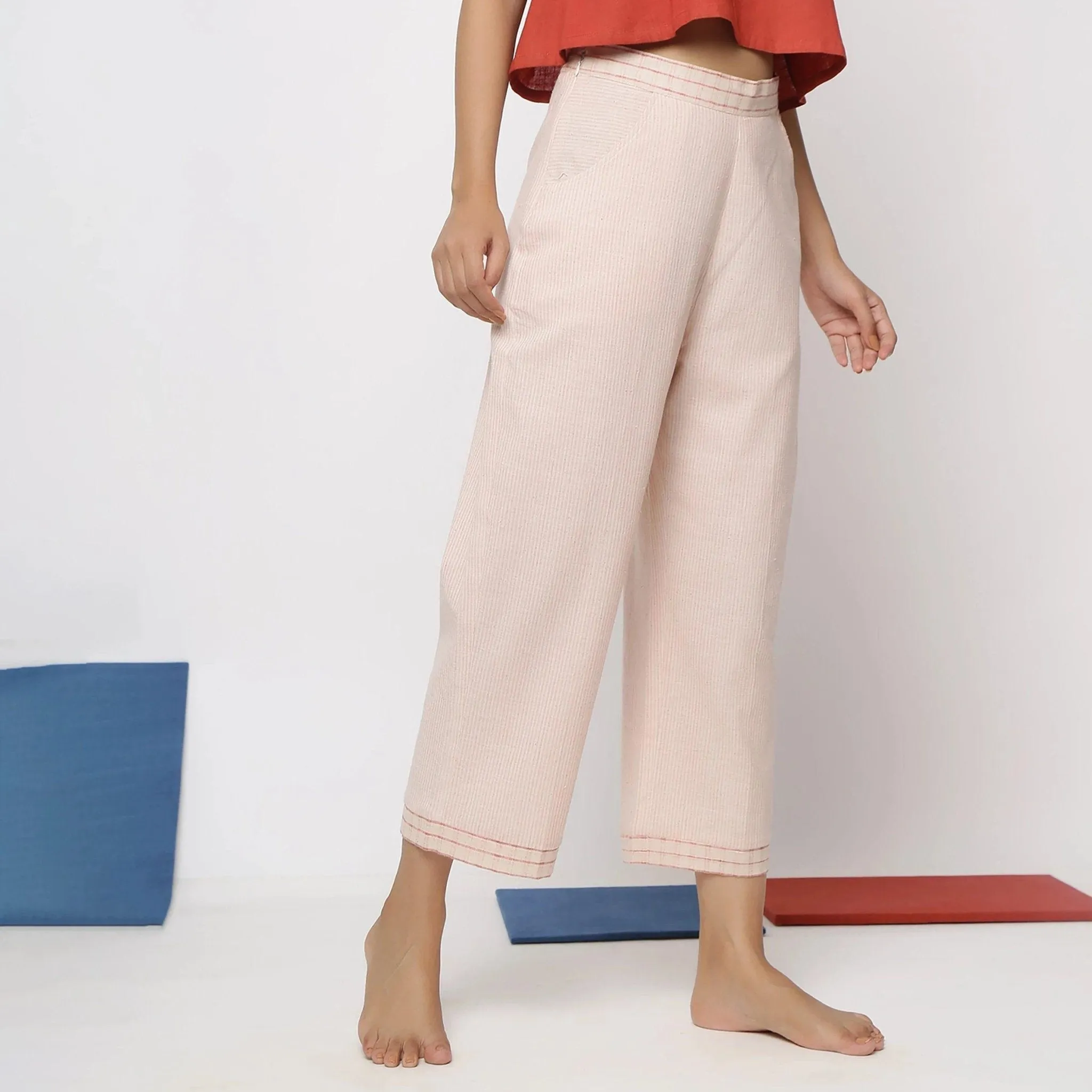Off-White and Pink Striped Cotton Wide Legged Culottes