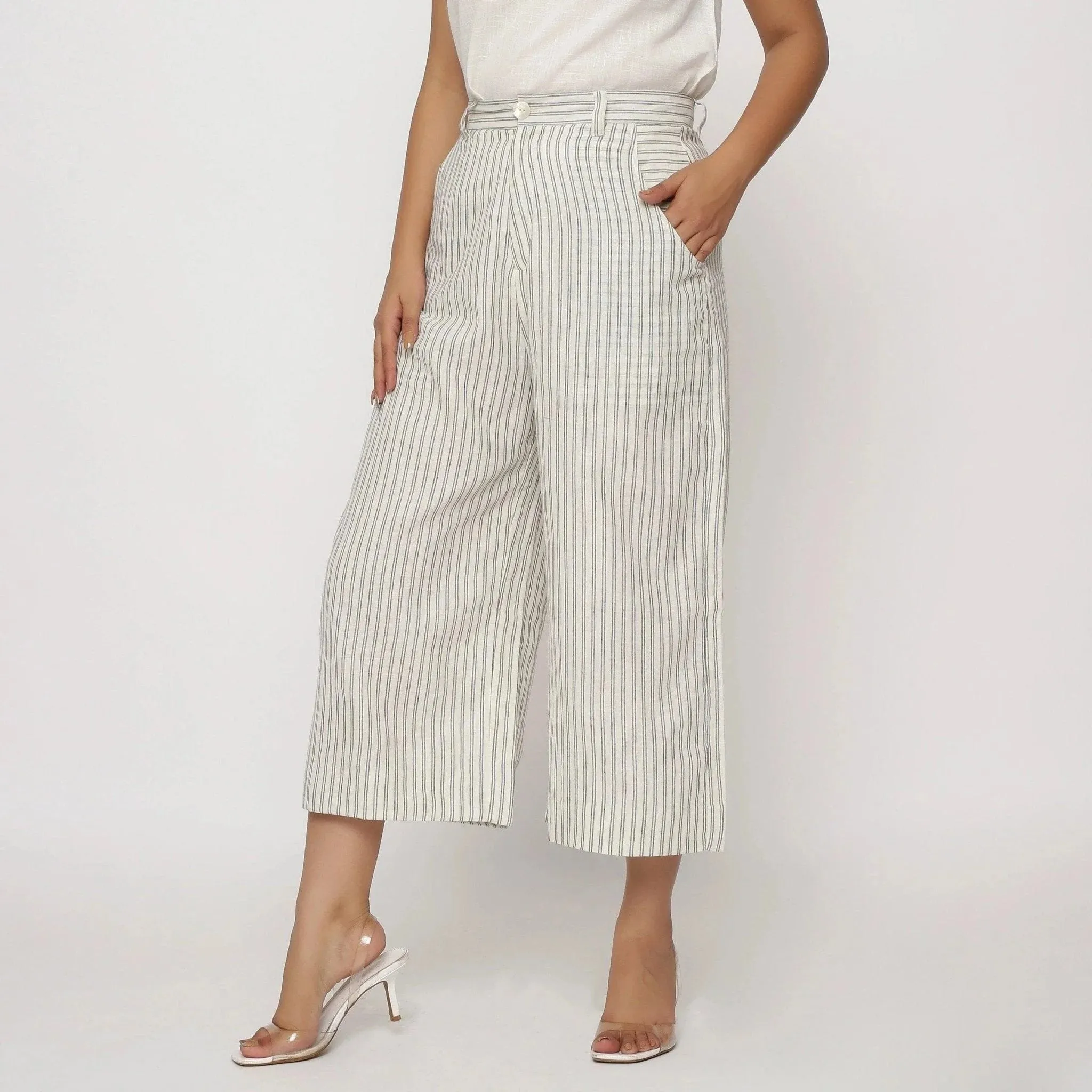 Off-White Striped Cotton Muslin Wide Legged Culottes