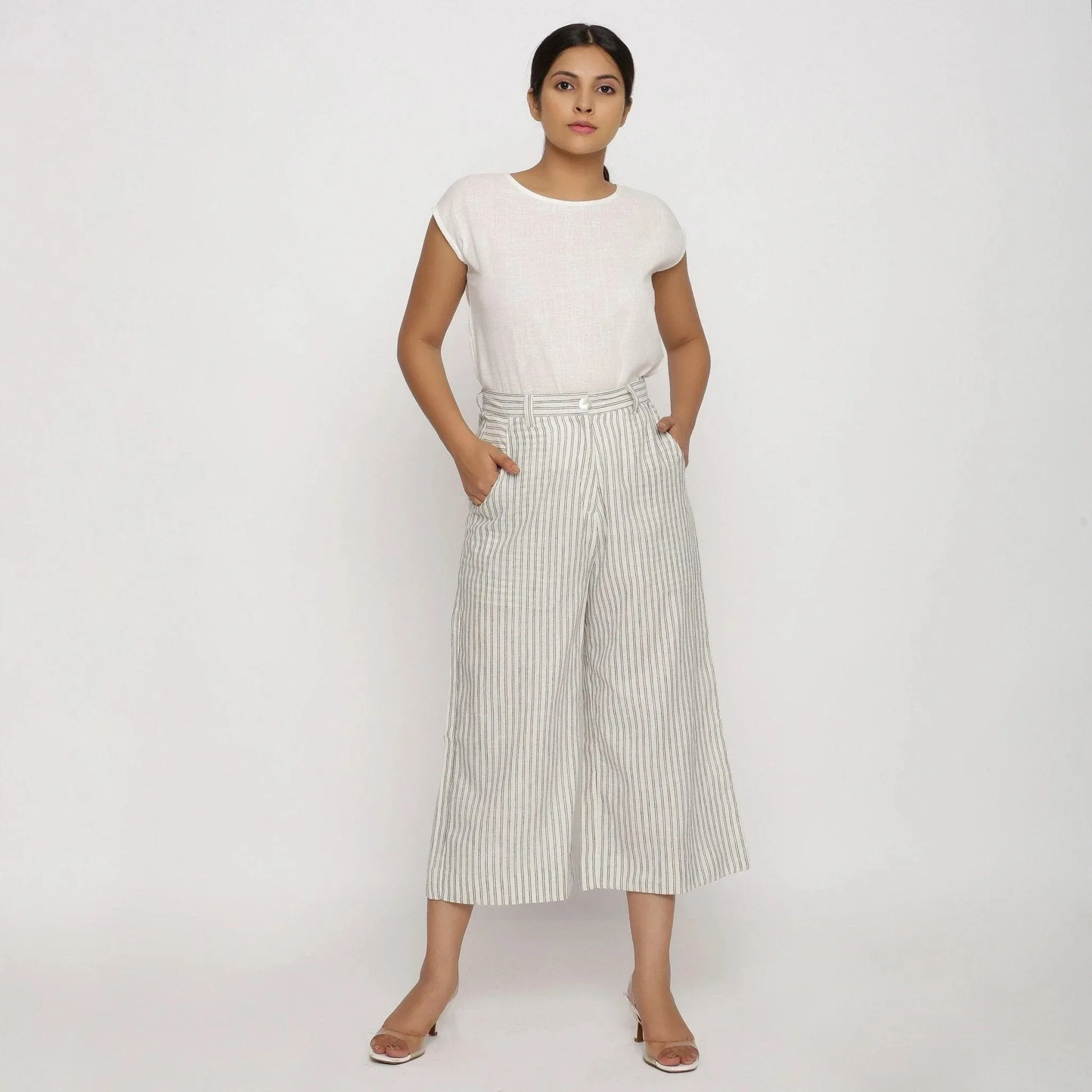 Off-White Striped Cotton Muslin Wide Legged Culottes