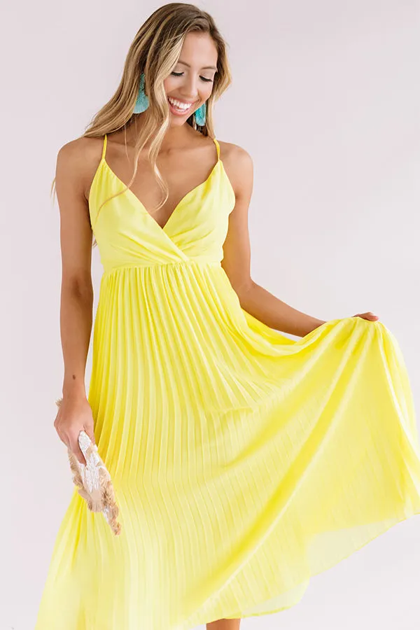 Photo Finish Pleated Midi In Neon Yellow