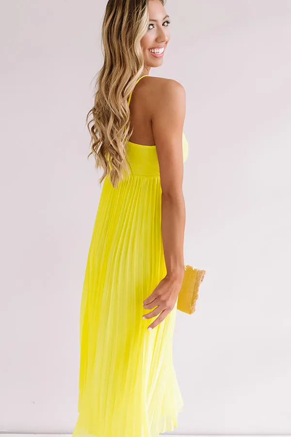 Photo Finish Pleated Midi In Neon Yellow