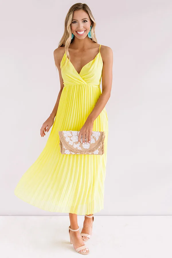 Photo Finish Pleated Midi In Neon Yellow