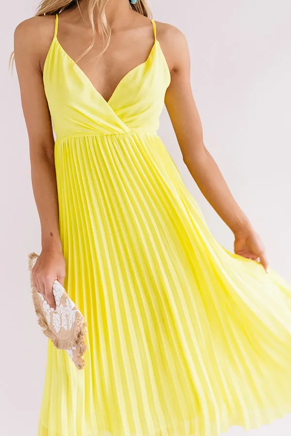 Photo Finish Pleated Midi In Neon Yellow