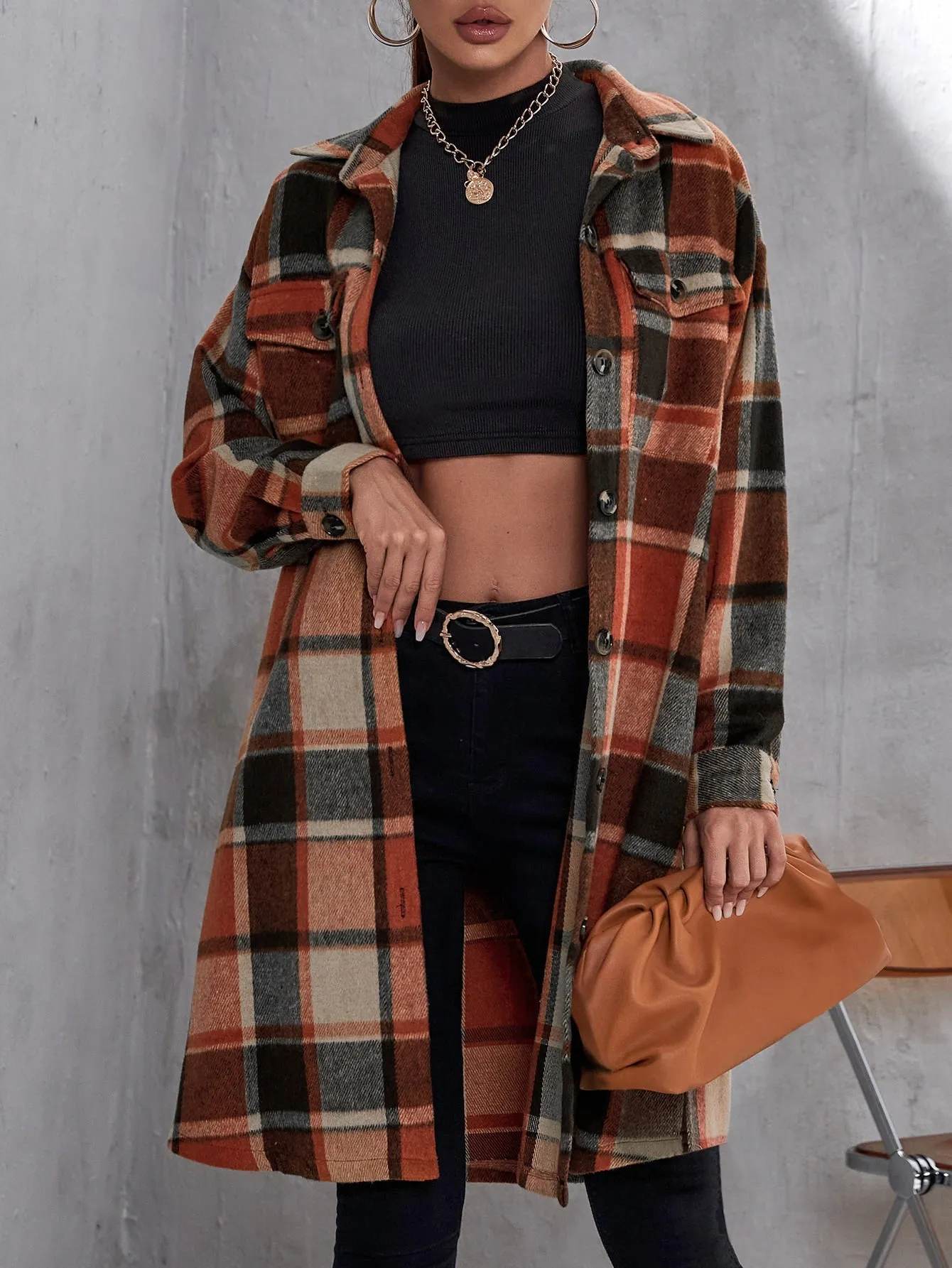 Plaid Flap Pocket Drop Coat