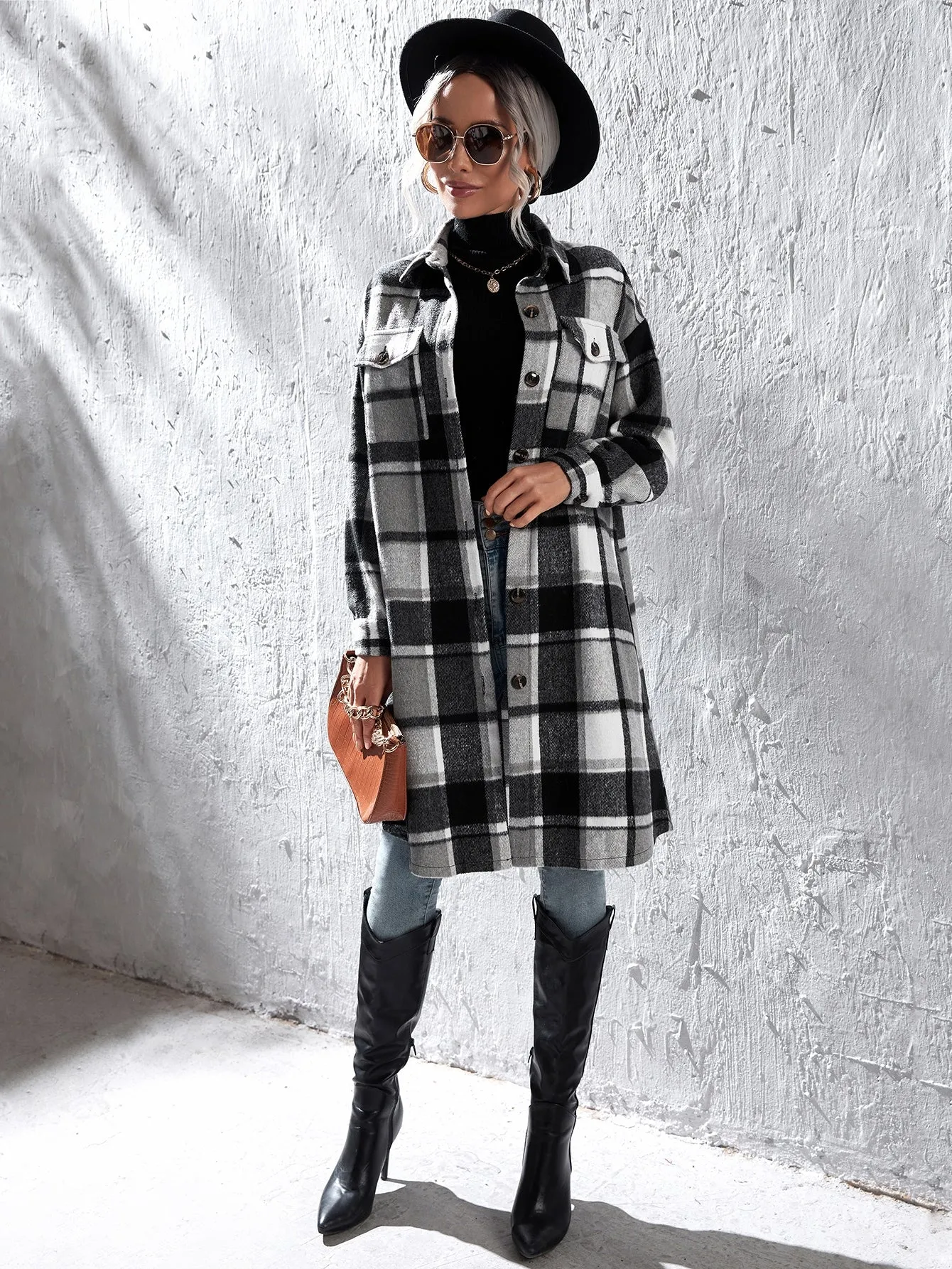 Plaid Flap Pocket Drop Coat