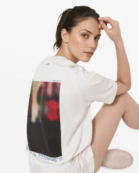 Rareism Women Kay Off White Cotton Lycra Fabric Short Sleeve Crew Neck Graphic Print T-Shirt