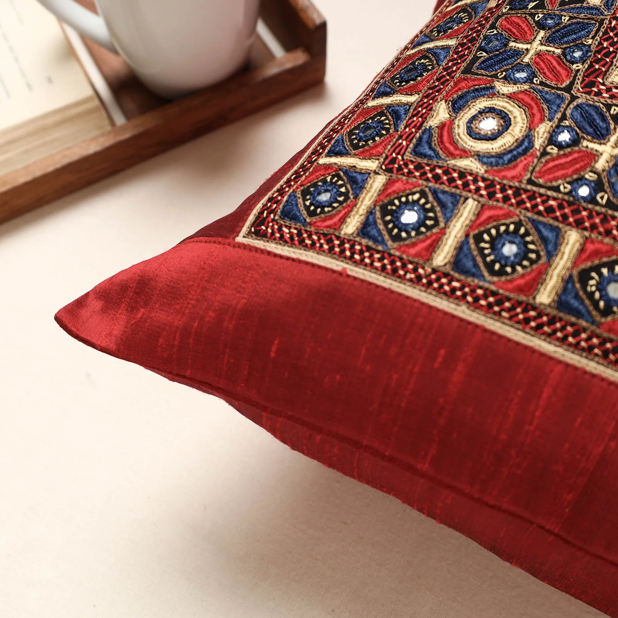 Red - Kutch Pakko Hand Embroidery Silk Cushion Cover (16 x 16 in)