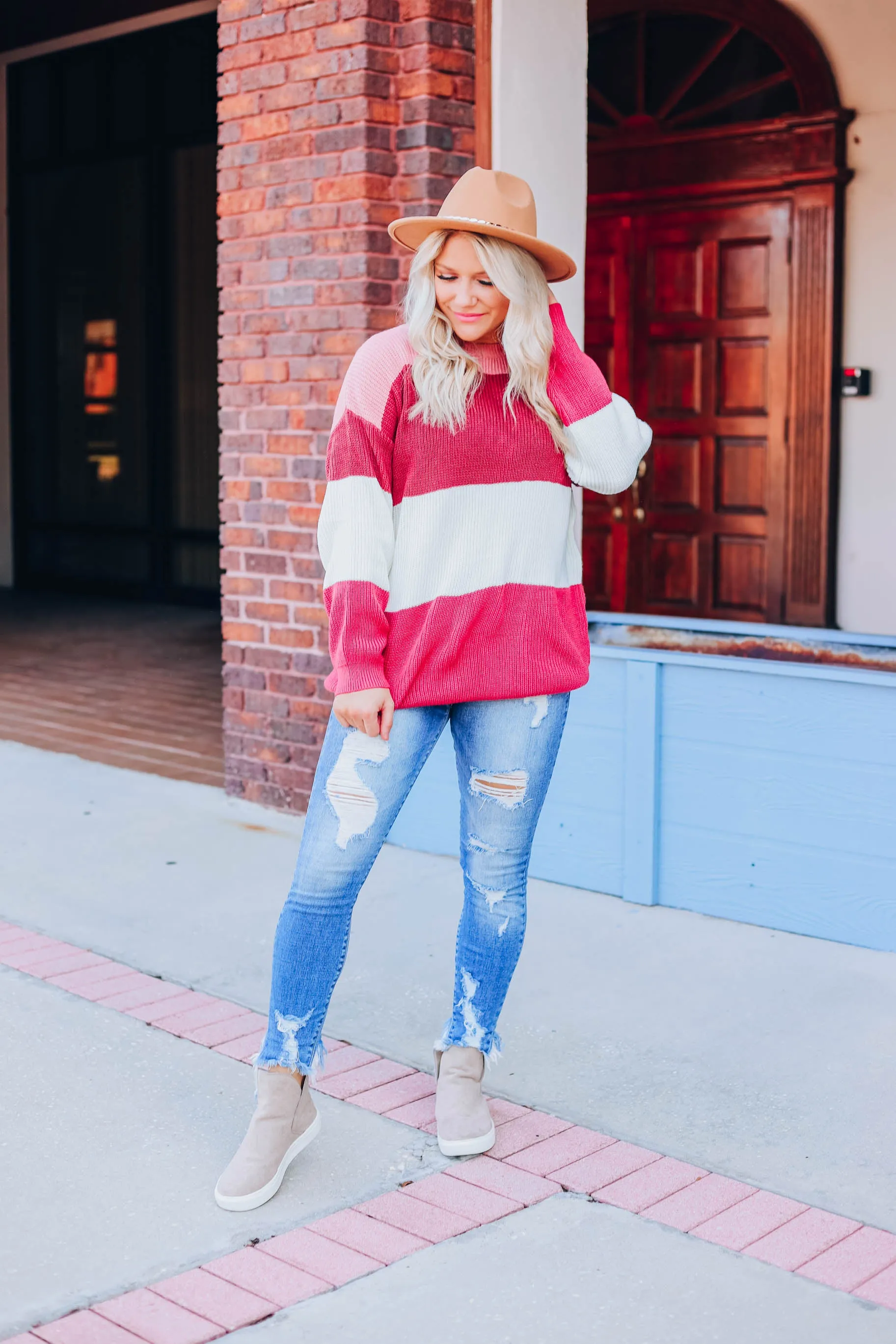 Striped Crew Neck Sweater - Mauve S-3X