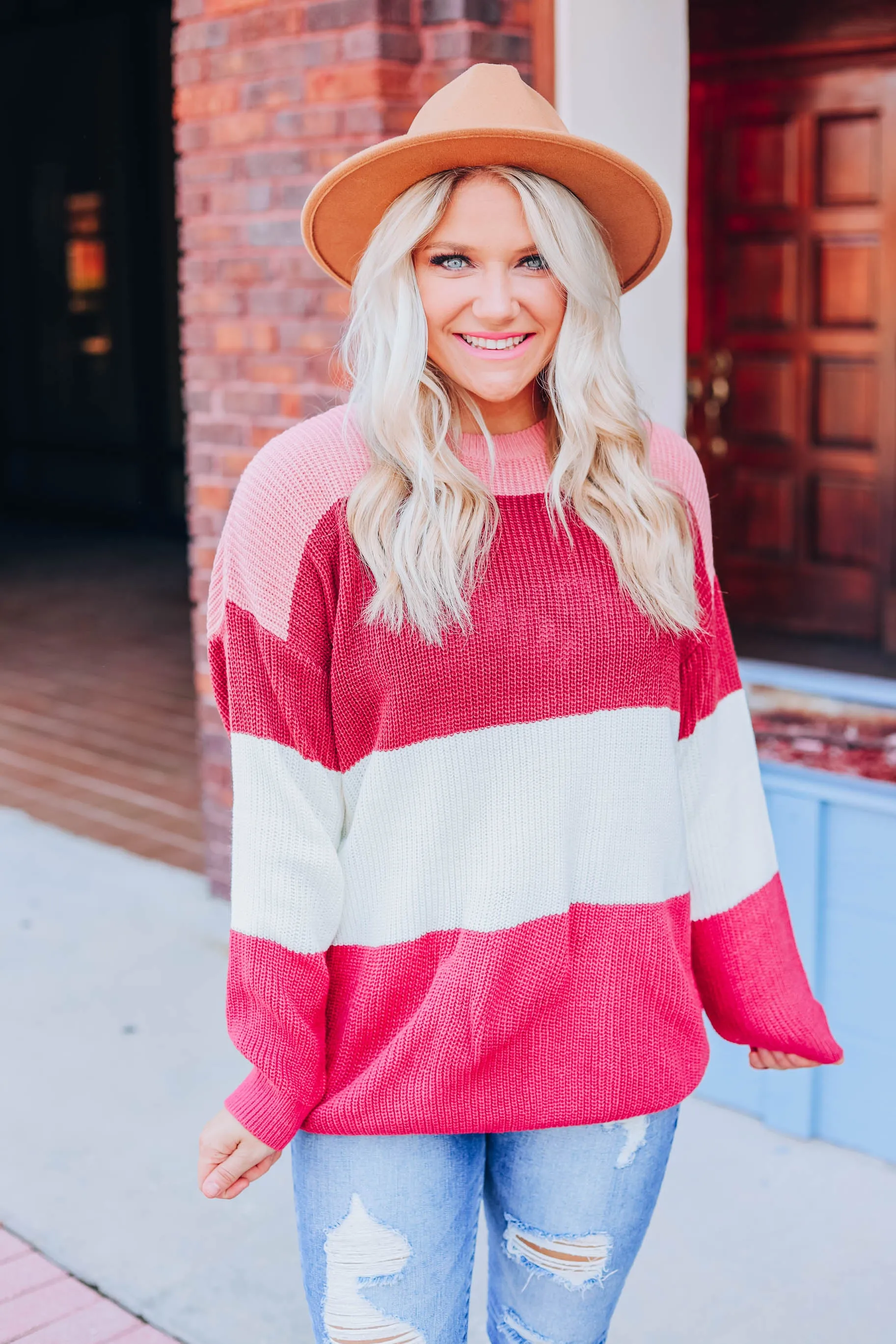 Striped Crew Neck Sweater - Mauve S-3X