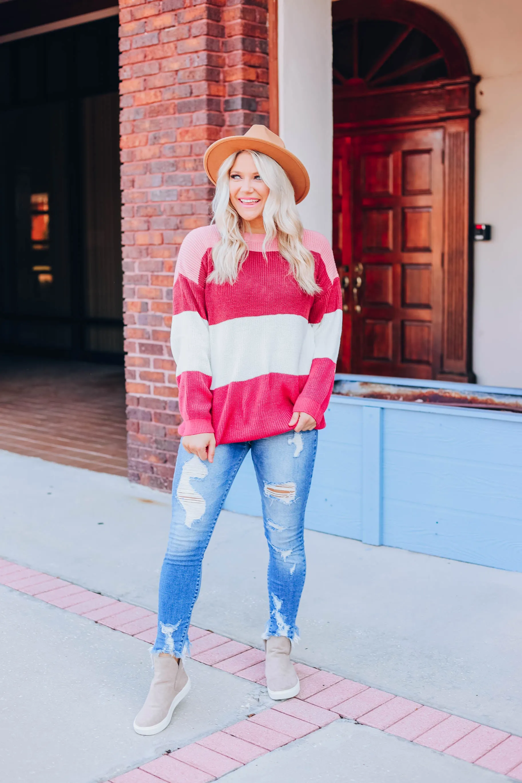Striped Crew Neck Sweater - Mauve S-3X